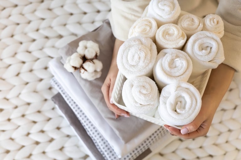 Top view female hands neatly folded white clean towels in case box
