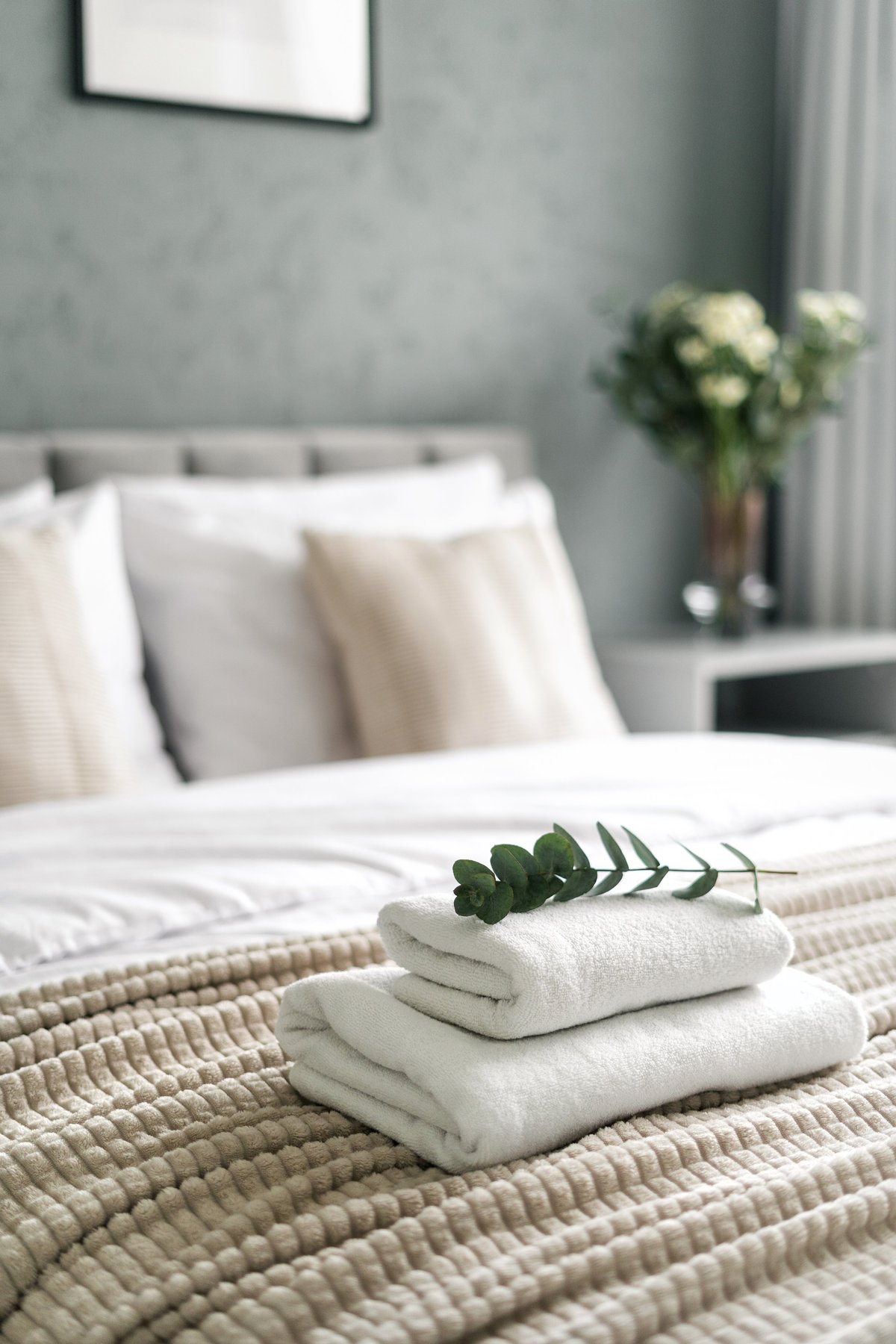 White terry towels neatly folded on a hotel bed with green eucalyptus plant