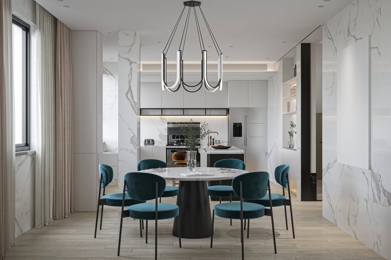 Elegant dining area and modern kitchen with marble