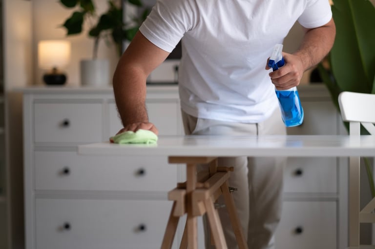 Young beautiful woman tidying up the living room and wiping the dining table surface with a cloth