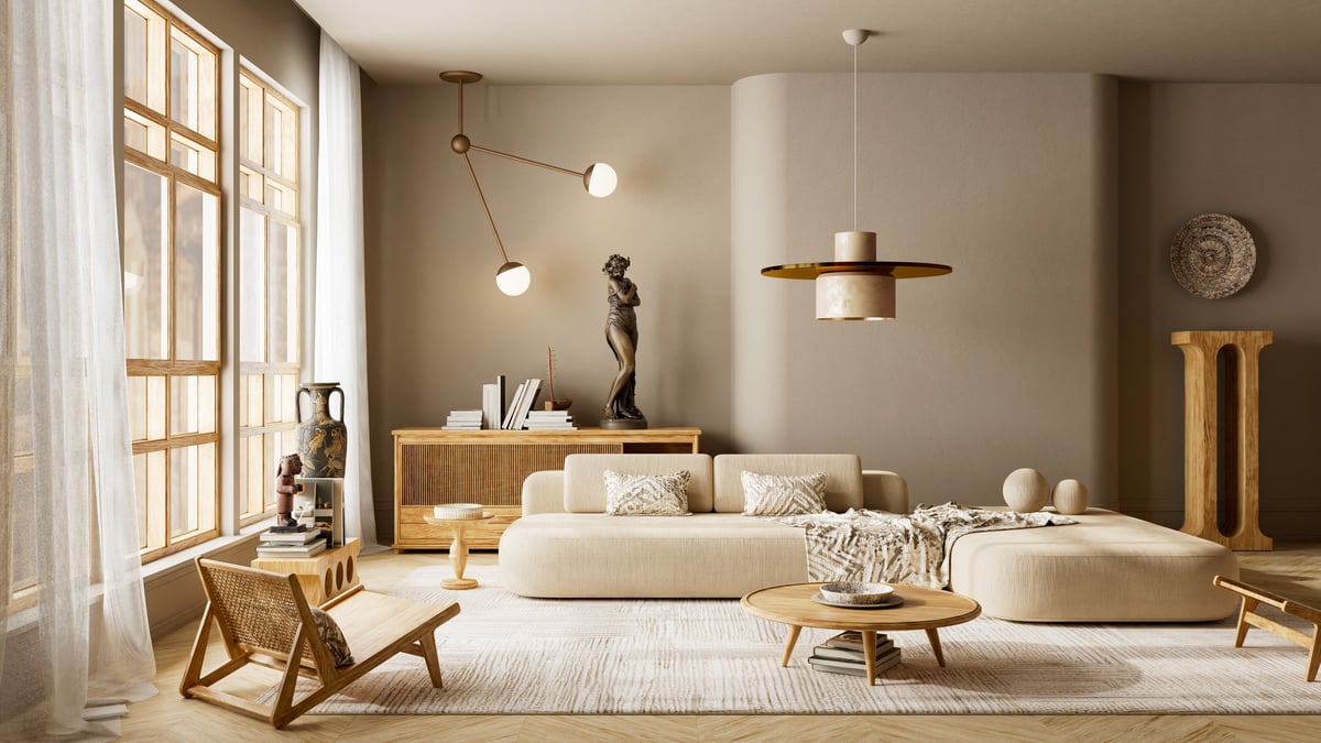 Bright japandi living room interior with soft beige tones, wooden furniture, natural light, and cozy minimalist decor in warm harmony